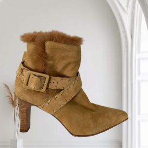 Antonio Melani Brown Tan Boho Suede Buckle Stitched Furry Stiletto Boots Slim 7